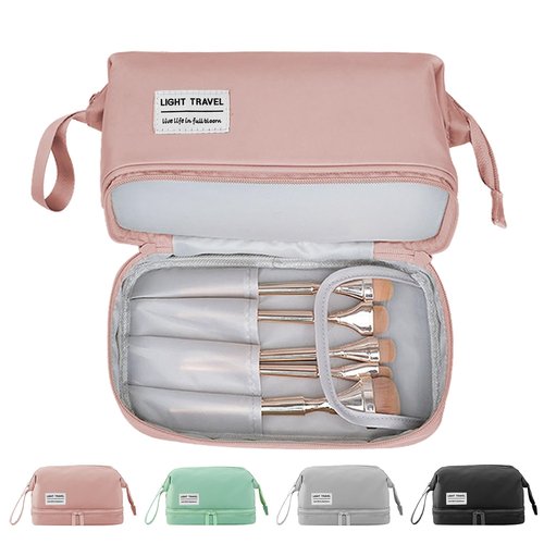 HEMOUR Makeup Bag Double Layer Portable Travel Cosmetic Bag with Brush Holder, Makeup Organizer Bag Toiletry Bag for Women and Girls (Pink)