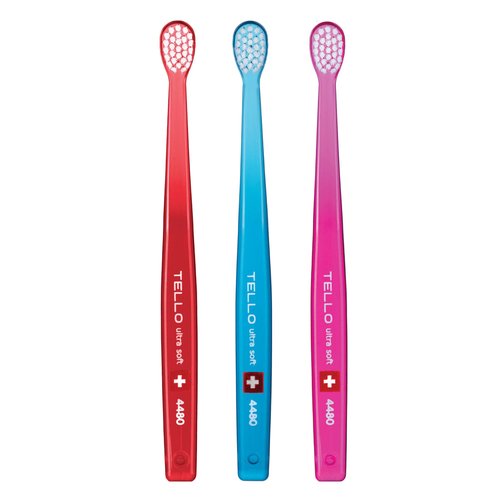 TELLO 4480 Adult or Child Ultra Soft Swiss Toothbrush with Smaller Head for Gentle Cleaning with Ergonomic Handle, 3 Count