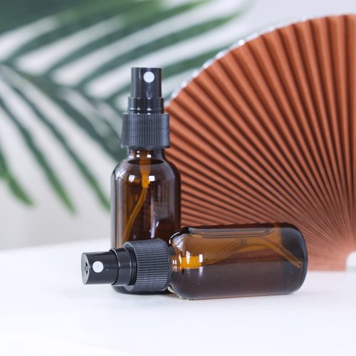 YONKAN 2oz Glass Spray Bottle, Fine Mist Boston Glass Bottles with Black Fine Mist Sprayer Small Clear Bottles for Essential Oils, Bath, Beauty, Hair & Cleaning, Amber, Pack of 24
