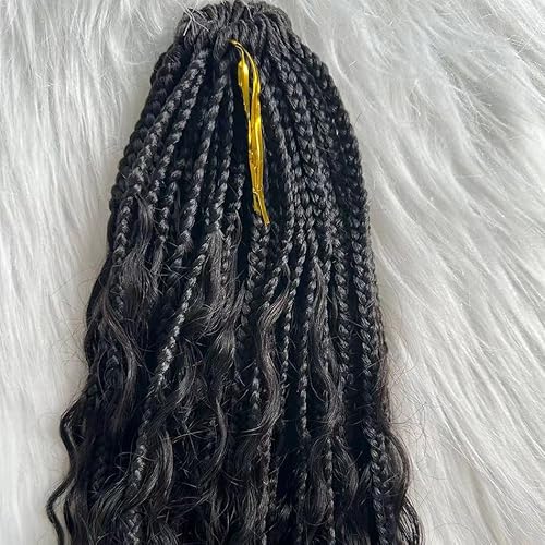 Crochet Boho Box Braids With Human Hair Pre-Looped Synthetic Braiding Goddess Braids Double Drawn Curly Full Ends Hair Extensions For Women Natural Color 2Pack/80 Stands 14Inch