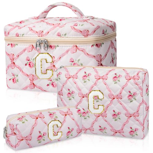 Junesters Personalized Initial Makeup Bag Set, Quilted Makeup Bag, Large Floral Cosmetic Bag for Women, Cute Cotton Custom Make up Bags, Flower Travel Toiletry Bag Teen Girl Gift Trendy Stuff Gift C
