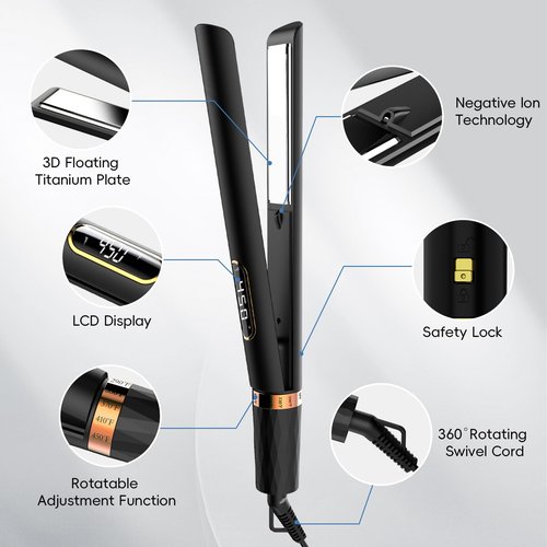 Nicebay 1” Titanium Flat Iron, Fast Heating Hair Straightener & Curler,with 5 Temp Settings, Negative Ion Technology,Travel-Friendly, Smooth Salon Design