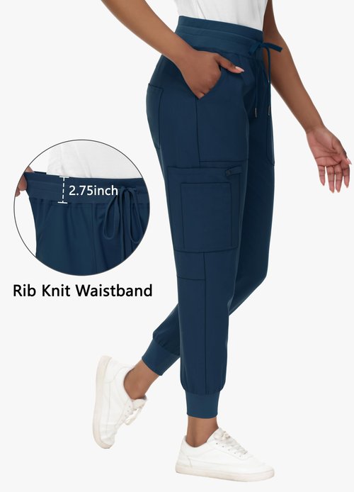 MIVEI High Waisted Jogger Style Scrub Pants for Women - 8 Pockets Medical Bottoms Tapered Yoga Waistband Ribbed Ankle Petite Navy