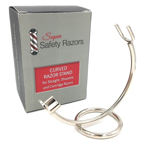 Curved Chrome Razor Stand for Straight, Shavette & Cartridge Razors - Fits 100 mm+ Handle Lengths