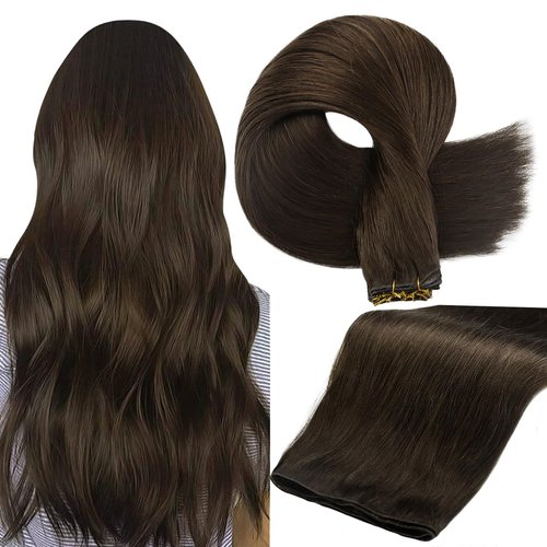Full Shine Hand Tied Weft Hair Extensions for Fashion Women Sew in Human Hair Straight Remy Weft Extensions Remy Human Hair Full Head Dark Brown 50 Gram 18 Inch