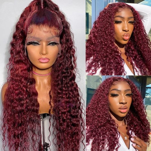 zikria Burgundy 99J Colored Curly Human Hair Lace Front Wigs 13X4 Transparent Lace Front Wigs Human Hair 150% Density Brazilian Virgin Hair Pre Plucked with Baby Hair 20 Inch