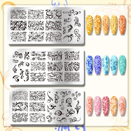 PH PandaHall 3pcs Swirl Pattern Nail Art Templates, French Nail Stamping Plate 52 Patterns Plant Floral Nail Art Stencils Stainless Steel Stamping Plates for Nail Design Print Manicure Salon Spring