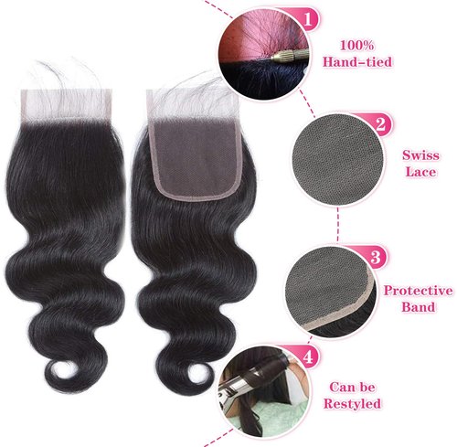 4x4 Lace Closure Human Hair Body Wave HD Lace Closure 20 Inch Free Part 100% Brazilian Virgin Human Hair Extensions 150% Density Pre Plucked Natural Black Color