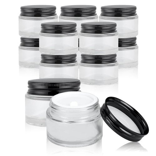RAMFIYN 12 Pack 1oz Clear Glass Jars Small Glass Containers with Black Metal Lids Empty Cosmetic Jars with Inner Liners and Lids Clear Glass Lotion Jars with Labels for Traveling