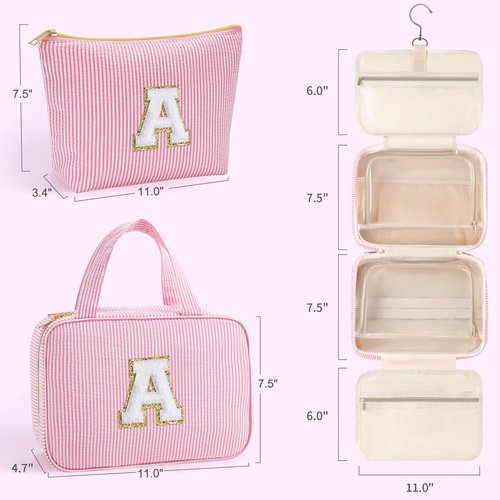 YOOLIFE Hanging Toiletry Bag for Women - Travel Toiletry Bag Makeup Bag, Portable Toiletries Cosmetic Bag, Airplane Travel Essentials - Letter T, Pink