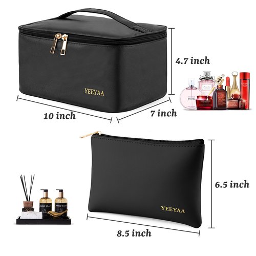 YEEYAA Travel Makeup Bag Toiletry Bag Waterproof Large Capacity Cosmetic Bags for Women Portable Make up Organizer Pouch With Divider Vegan Leather 2PCS Gifts for Mother Girls Black