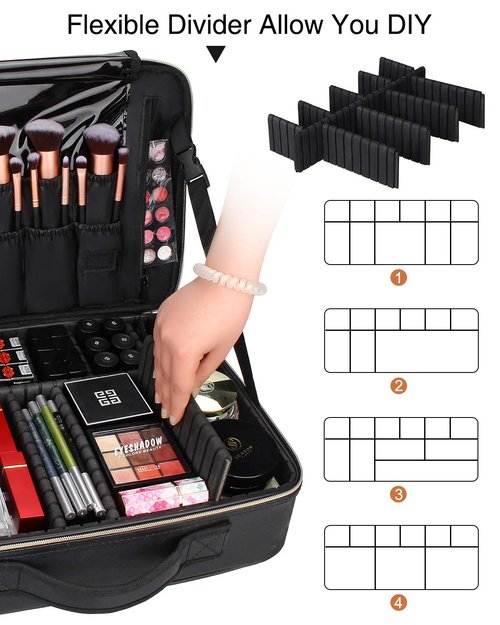 Relavel Makeup Case Large Makeup Bag Professional Train Case 16.5 inches Travel Cosmetic Organizer Brush Holder Waterproof Makeup Artist Storage Box, 3 Layer Large Capacity, with Adjustable Strap