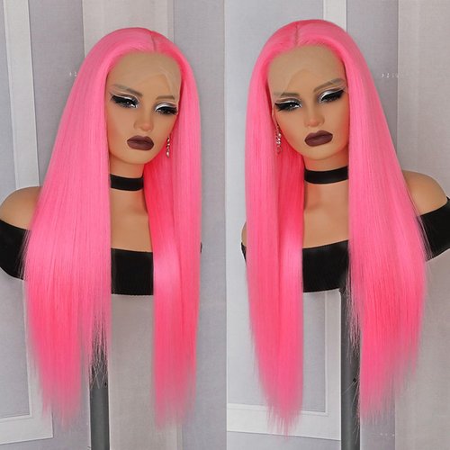 Lovestory Pink Color Lace Front Wigs Long Straight Hair Pastel Pink Heat Resistant Free Part Synthetic Lace Wig Natural Hair High Density Synthetic Lace Front Wigs for Fashion Women