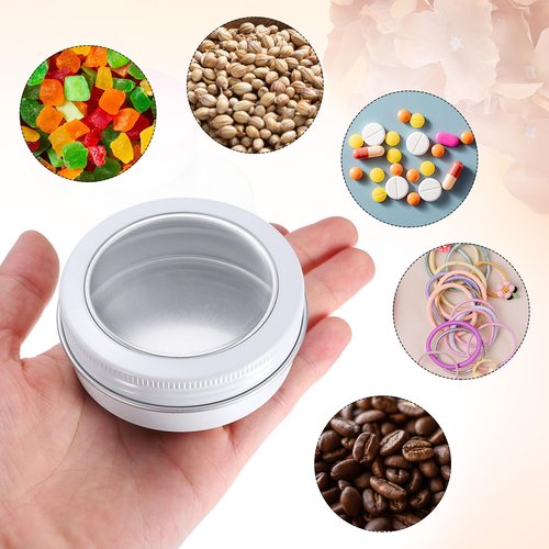 uxcell 2 Oz Tin Cans, 24 Pcs Aluminum Round Tins, Travel Sized Small Metal Tins Cosmetic Sample Containers with Clear Lid for Lotion Bars Beard Balms Candles, White