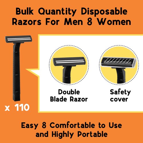 CXYARY 110 Pcs Twin Blade Disposable Razors With Clear Safety Cap, Shaving Razors Bulk for Men &Women, Stainless Steel Blade, Multipurpose Portable Shave Razor for Bathing Hotel Travel, Black
