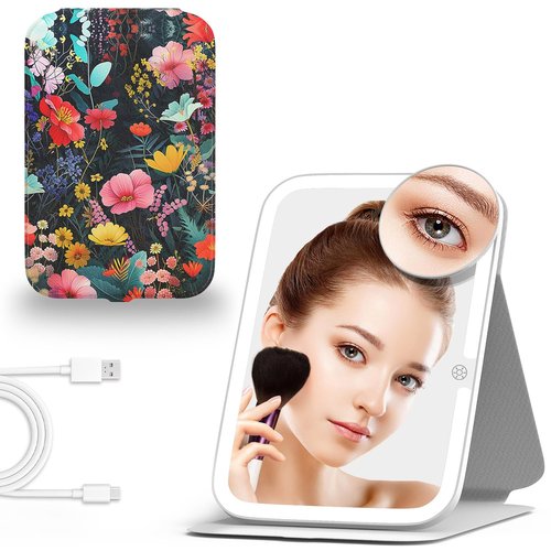 Mocado Travel Makeup Mirror with Lights, 360 Rotation, 10x Magnification, 3 Color Lightings, Dimmable Touch Screen, Tabletop Light up Mirror