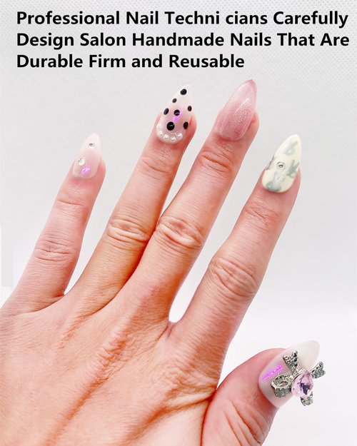 CAMILCY Press on Nails Handmade Nails Luxury Reusable Fake Nails For Girls Short Almond Armor White pink Diamonds HandPainted Salon Loveful Design Acrylic Gel UV Finished For Women 3D Nails 10PCS L