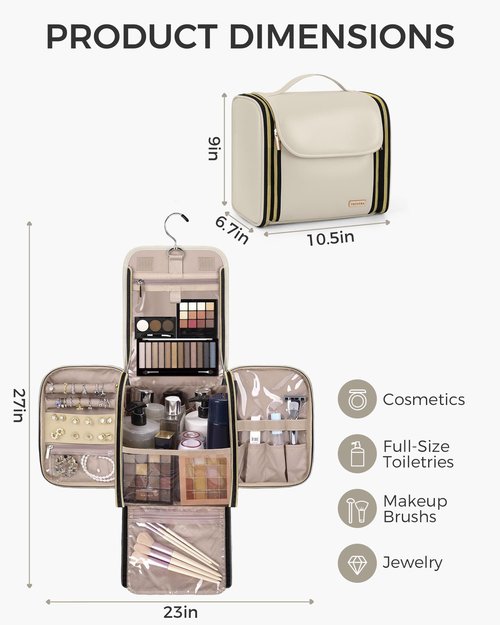 TBTOTRA Hanging Toiletry Bag, PU Leather Makeup Bag Large Capacity with Jewelry Organizer for Brushes Set, Cosmetic Accessories, Beige