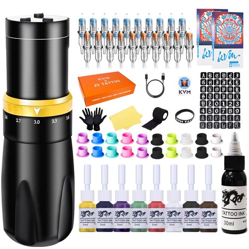 KVM Tattoo Gun Kit,Wireless Tattoo Machine,7 Adjustable Stroke Options,Shorter Body Design,1500mAh Power Supply (Tattoo ink is for tattoo practice only)
