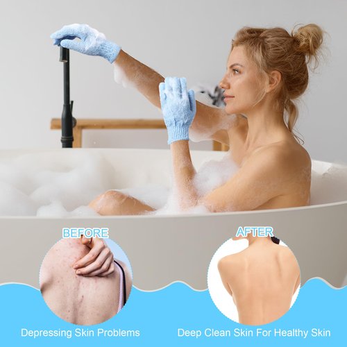 Cuffbow 90 Pcs 45 Pairs Exfoliating Double Sided Bath Gloves with Hanging Loop Colorful Body Shower Gloves for Men Women Beauty Spa Massage Shower Clean Skin Bathing Scrubber Accessories(Blue)