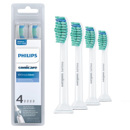 Philips Sonicare C1 SimplyClean - Genuine Replacement Electric Toothbrush Heads, White, 4 Pack One Year Supply, HX6014/65