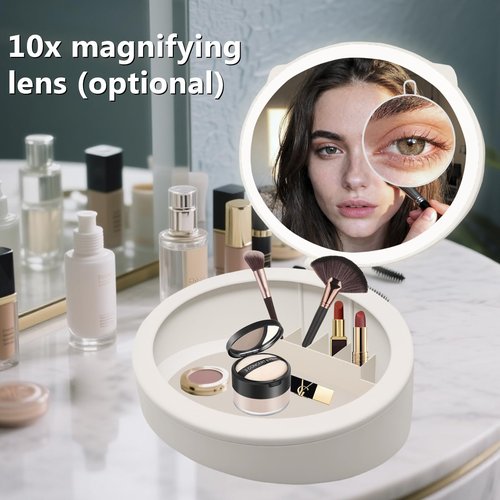 YNBXHJPP Makeup Mirror with Light, 4K high-Definition Touch Screen Travel Vanity Mirror with 3 Types of Lights, USB Charging, Detachable 3-inch 10x Magnifying Glass (White)