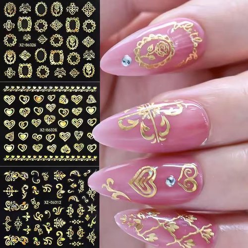30 Sheets Gold Line Nail Art Stickers Gold Leaf Flower Nail Decals 3D Self-Adhesive Nail Art Supplies Charms for Nails Art Manicure Tips Decoration