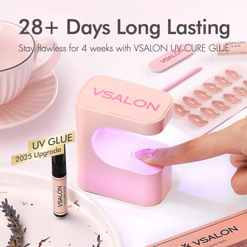 VSALON Press On Nails Almond, 32 Pcs 16 Sizes Cat Eye Press On Nude Neutral Sparkly Semi-Transparent Medium Fake Nails With UV Glue On Nails Kit, Reusable Stick On Nails Fall Wedding Gifts For Women