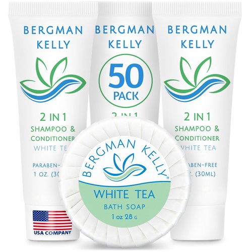 BERGMAN KELLY Round Soap Bars, 2in1 Shampoo & Conditioner 2-Piece Set (White Tea, 1 oz each, 100 pc), Delight Your Guests with Revitalizing & Refreshing Sanitary Toiletries & Hotel Amenities