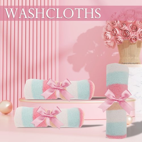 PHOGARY Washcloth Set 6 Pack Small Hand Towels for Face Body Bathroom, 6"x8" Super Absorbent & Soft Coral Fleece Facial Cloths for Showering, Rainbow Striped Quick Dry Towel with Hanging Loop