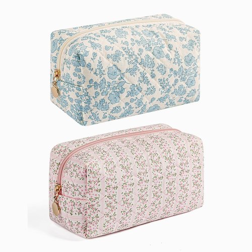 WHHJM Cute Floral Makeup Bag Small Cotton Quilted Cosmetic Bag, Aesthetic Essential Bag Emergency Bag Gift for Women Girls Travel Accessories (Two Pack: Blue + Pink Floral)