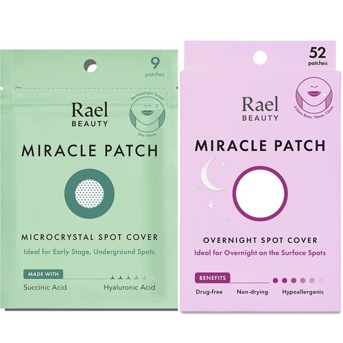 Rael Pimple Patches Early Stage & Night Bundle - Korean Skin Care, Hydrocolloid, Zit Acne Patches, Hypoallergenic/Miracle Microcrystal Spot Cover (9 Count) & Overnight Spot Cover (52 Count)