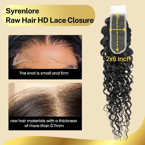 Syrenlore 2x6 Skinlike Real HD Lace Closure Only Water Wave Human Hair, 0.09mm Ultra-thin Invisible Swiss Lace Closure Kim K Wet n Wavy Curly Deep Parting Tiny Knots 13A Raw Hair Natural Black 12 Inch