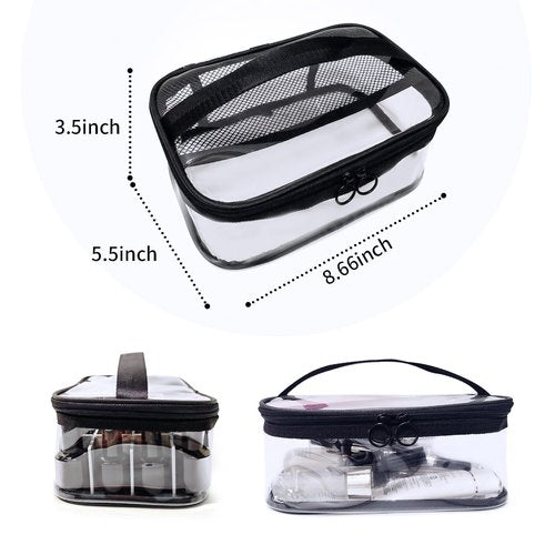 leevanoo Clear Makeup Bags with Mesh Top，Clear PVC with Zipper Handle Portable Travel Luggage Pouch，TSA Approved Cosmetic Organizer (Black)