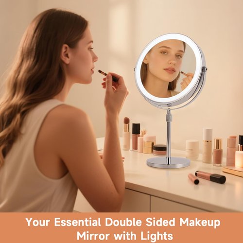 1X/10X Magnifying Makeup Mirror with Lights - 8" Dual-Sided Vanity Mirror with 3 Color Lights for Women's Travel Cosmetic Mirror & Gift | 3000 mAh-USB Rechargeable | 360° Rotation | Adjustable Height