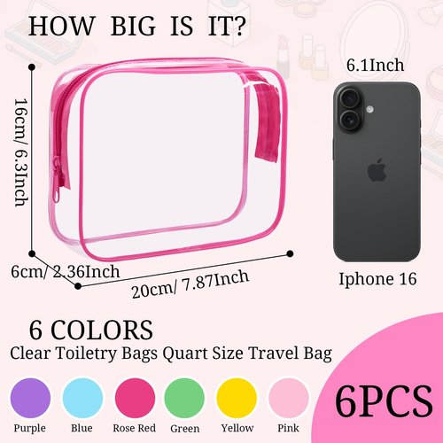 CHICAUP 6 Pieces Clear Makeup Bags Bulk TSA Approved Toiletry Bag for Travel PVC Waterproof Clear Cosmetic Pouch with Zipper for Men and Women Carry-on Travel Essentials