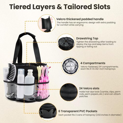 PUMHUBO Hairstylist Travel Bag, with Dust Cover, 11L Large Capacity, Heat-Resistant Interior, Clear Pockets, DIY Velcro Straps, Top Drawstring, Bathroom Cleaning/Pet Grooming Supplies Organizer