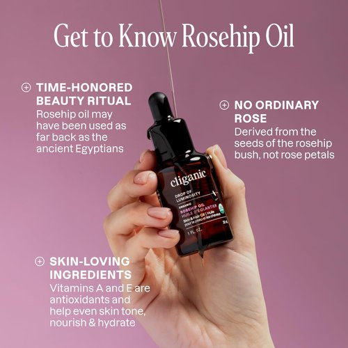 Cliganic Organic Rosehip Seed Oil for Face, 100% Pure | Natural Cold Pressed Unrefined Non-GMO | Carrier Oil for Skin, Hair & Nails (Packaging May Vary)