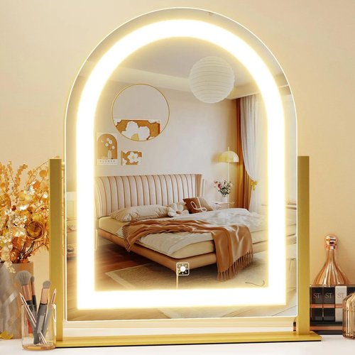 Gvnkvn Arched Makeup Vanity Mirror with Lights 17.2" Large LED Lighted Mirror, Hollywood Make Up Mirror with Lighting, Smart Touch, 360° Rotation, (Gold,Gift Box)