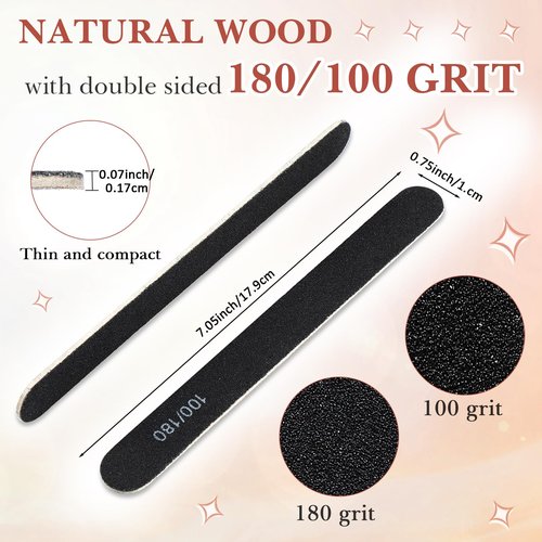 Lasnten 200 Pcs Grit Nail Files Professional Double Sided Emery Boards Reusable High Grit Nail Buffer Manicure Pedicure Tool Wood Fingernail Files for Acrylic/Natural Fingernail(Black,100/180)