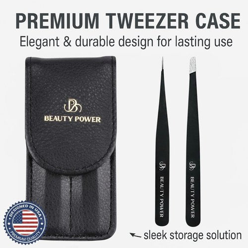 Beauty Power Precision Tweezers for Women Facial Hair & Men - Professional Tweezers Set with Slant & Point Tips, German Stainless Steel, PU Leather Travel Case, Lightweight & Ultra Precision Black