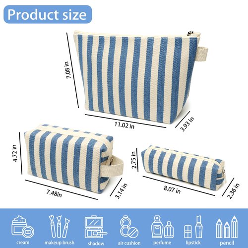 Beayuva 3 Pcs Makeup Bag Set Striped Canvas Purse Cosmetic Bag For Women Travel Toiletry Pouch Organizer pencil case (Blue-White)