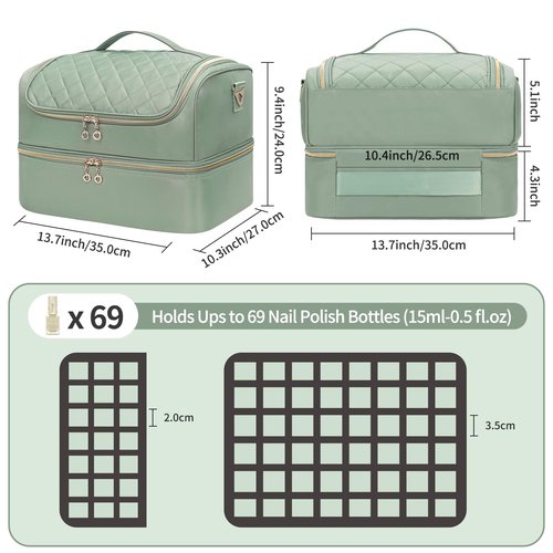 CUBETASTIC Nail Polish Organizer, Nail Tech Organizers and Storage Case Holds 69 Bottles Nail Polish & Nail Lamp, Travel Nail Supplies bag for Nail Tech Kit & Manicure Tools, Green