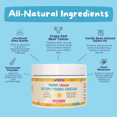 100% Grass Fed Beef Tallow Cream for Babies and Kids - All-Natural, Moisturizing Healing Lotion - Hypoallergenic, 2oz (2 oz., Fragrance-Free)