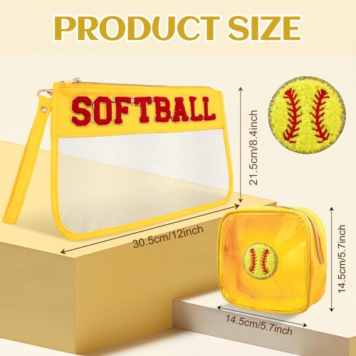 DUGYGA 2 Pcs Softball Chenille Letter Bags, Clear Toiletry Zipper Pouch, Cute Softballs Snack & Makeup Pouches, Softball Accessories Gift for Players, Moms, Fans, Girls, Birthday or Team Gifts