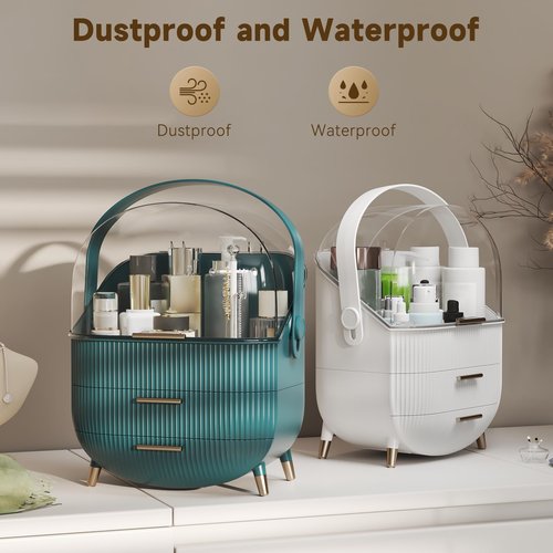 BTGGG Makeup Organizers, Make Up Organizer for Vanity, Countertop Cosmetic Storage with Drawers and Transparent Cover for Bedroom Bathroom, White