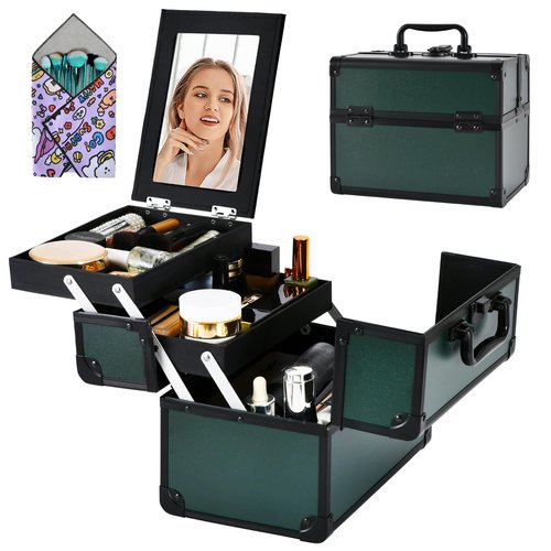 GALHUBIS Makeup Train Case, Portable Makeup Case with Mirror, 2-Trays Cosmetic Organizer Case,Nail Polish Organizer, Travel Makeup Box, Profesional for Salon Barber, Green