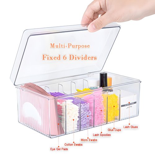 FFpaw Lash Extension Organizer Box, Acrylic Eyelash Extension Supplies Storage Container Lash Cart Organizer for Lash Techs Eyelash Beauty Case with Lid Lashes Supplies Storage Box (Clear)