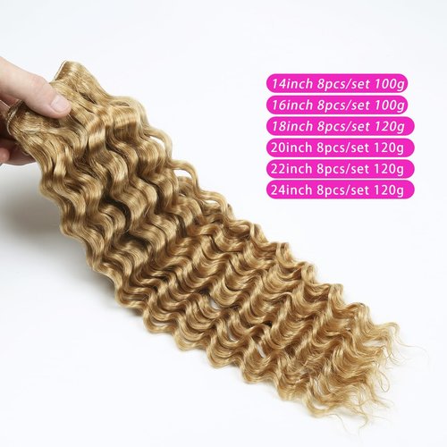 Curly Clip in Hair Extensions Real Human Hair 16inch 100g Invisible & Seamless 100% Brazilian Remy Human Extension Deep Wave Clip ins Extensions Double Weft 8 PCS with 20 Clips #27 Honey Blonde