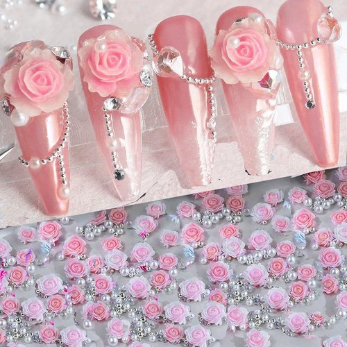 3D Pink Rose Flower Nail Charms Flower Nail Art Charms Nail Pearls Flower Charms for Nails Design Nail Flowers Rose Nail Charm Floral Nail Jewels for Nail Art Rhinestones for Nails Charms Nail Decor